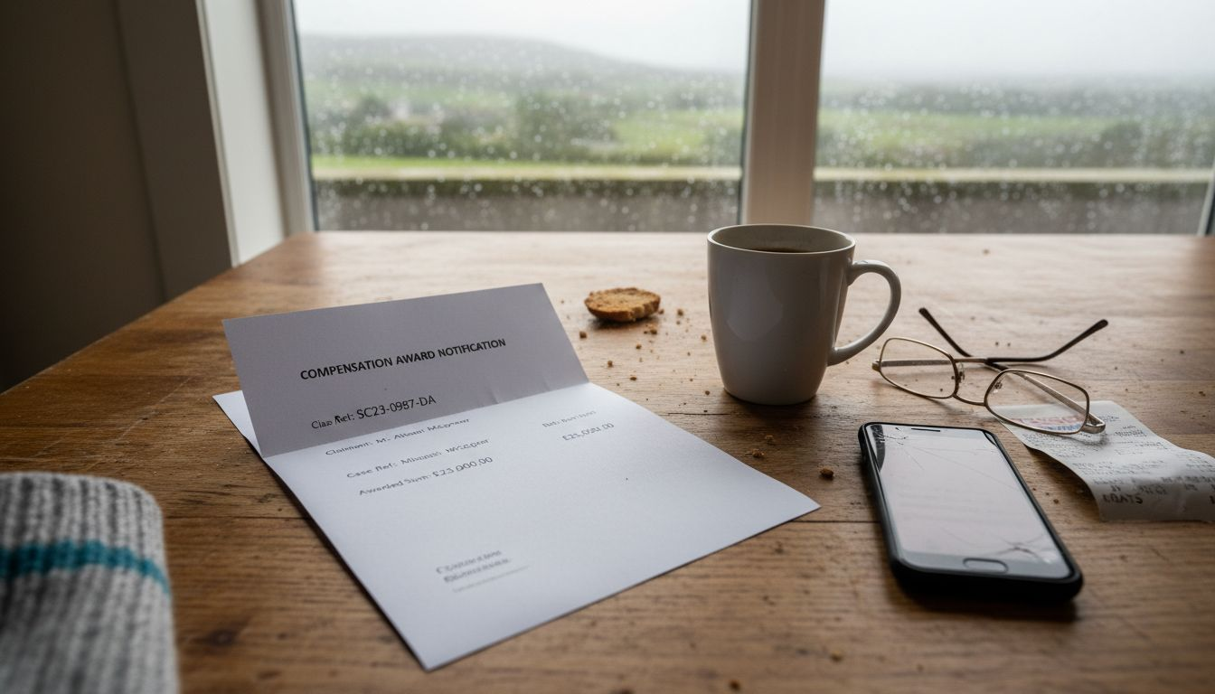 Compensation letter on kitchen table with coffee