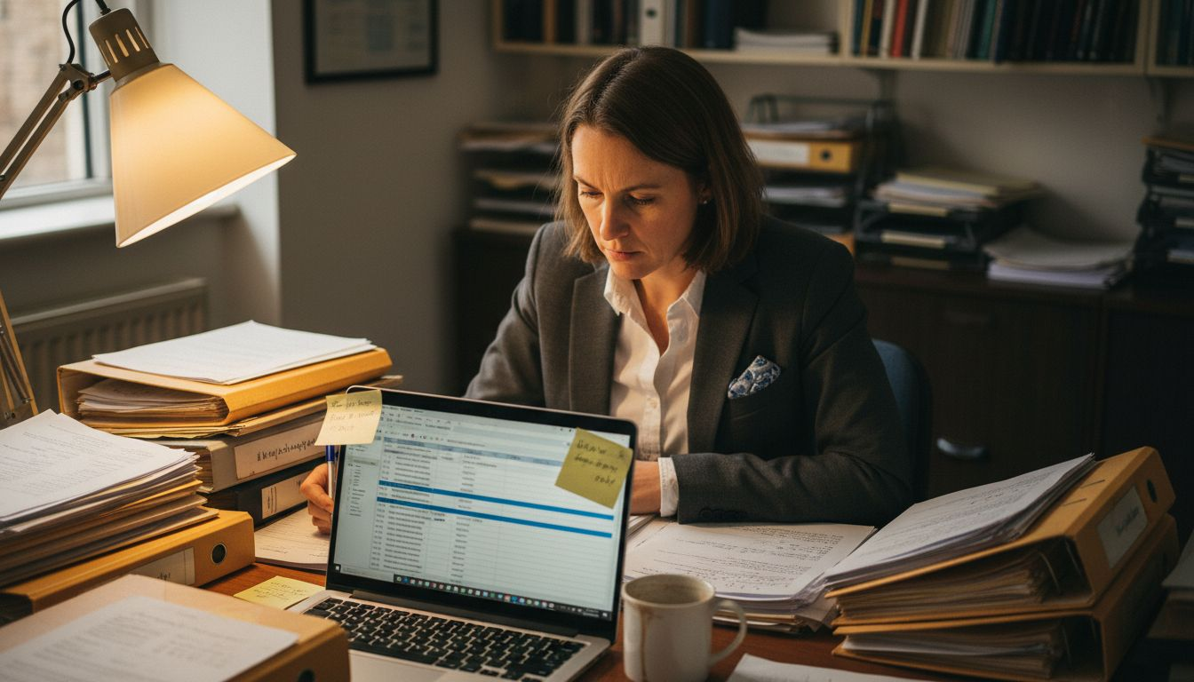 Solicitor reviewing evidence at cluttered desk