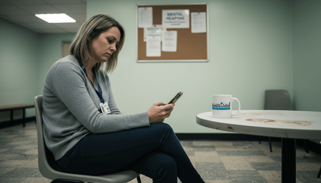 Worker in break room mental health scene