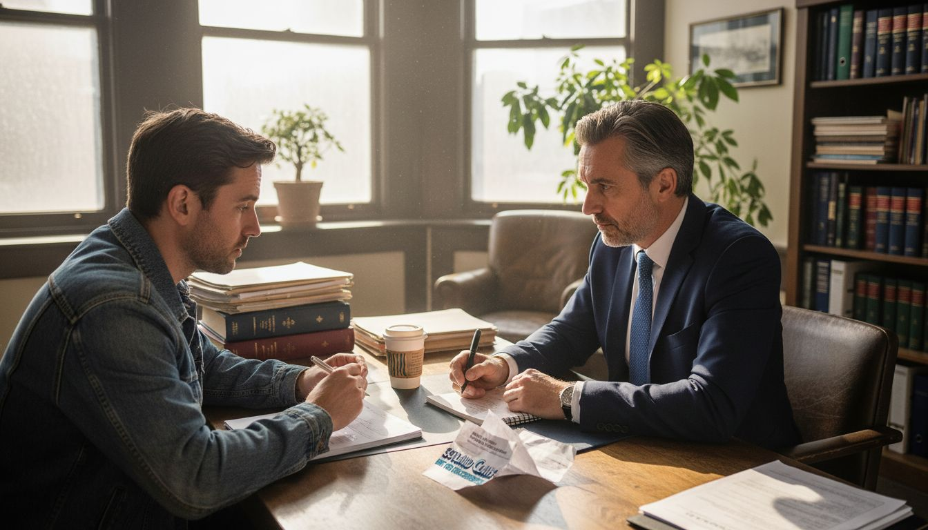 Lawyer consulting client in cluttered office