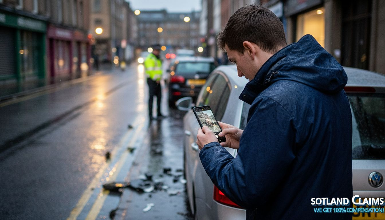 Man taking car accident evidence photos street
