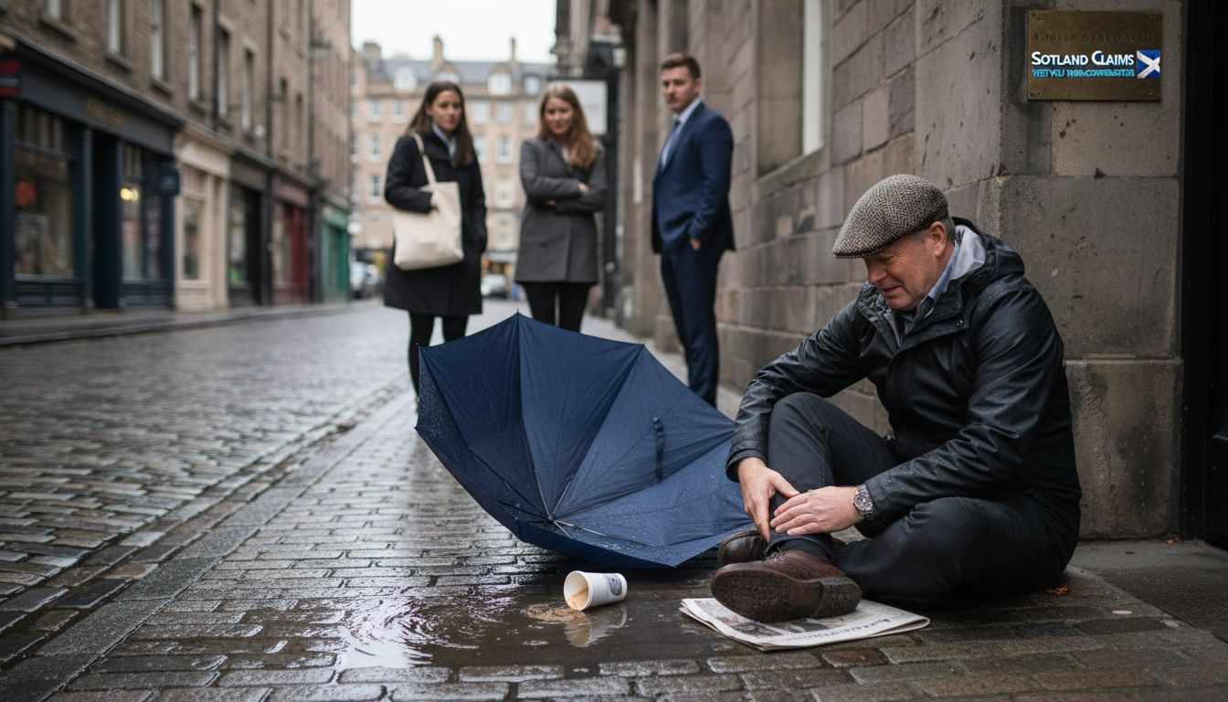 Man sitting on wet Edinburgh pavement after fall
