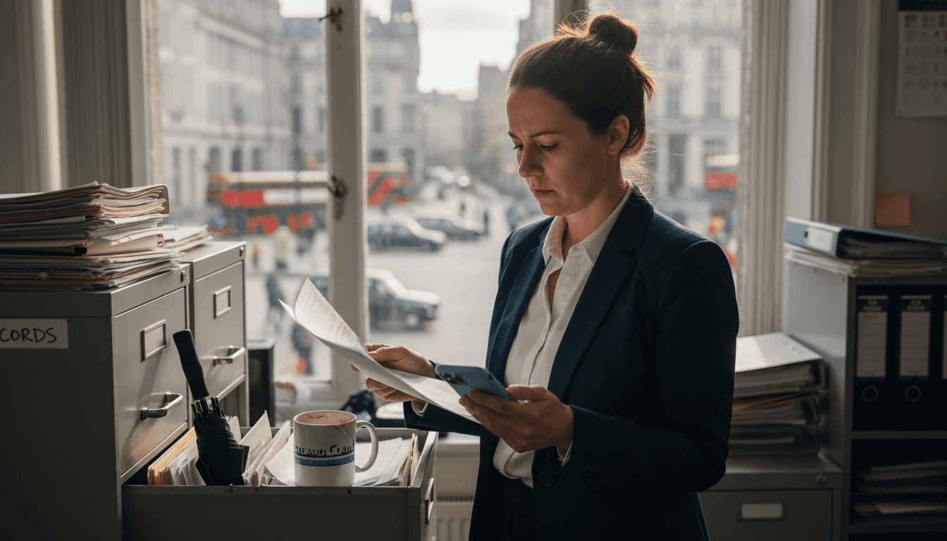 Solicitor reading maintenance records by office window