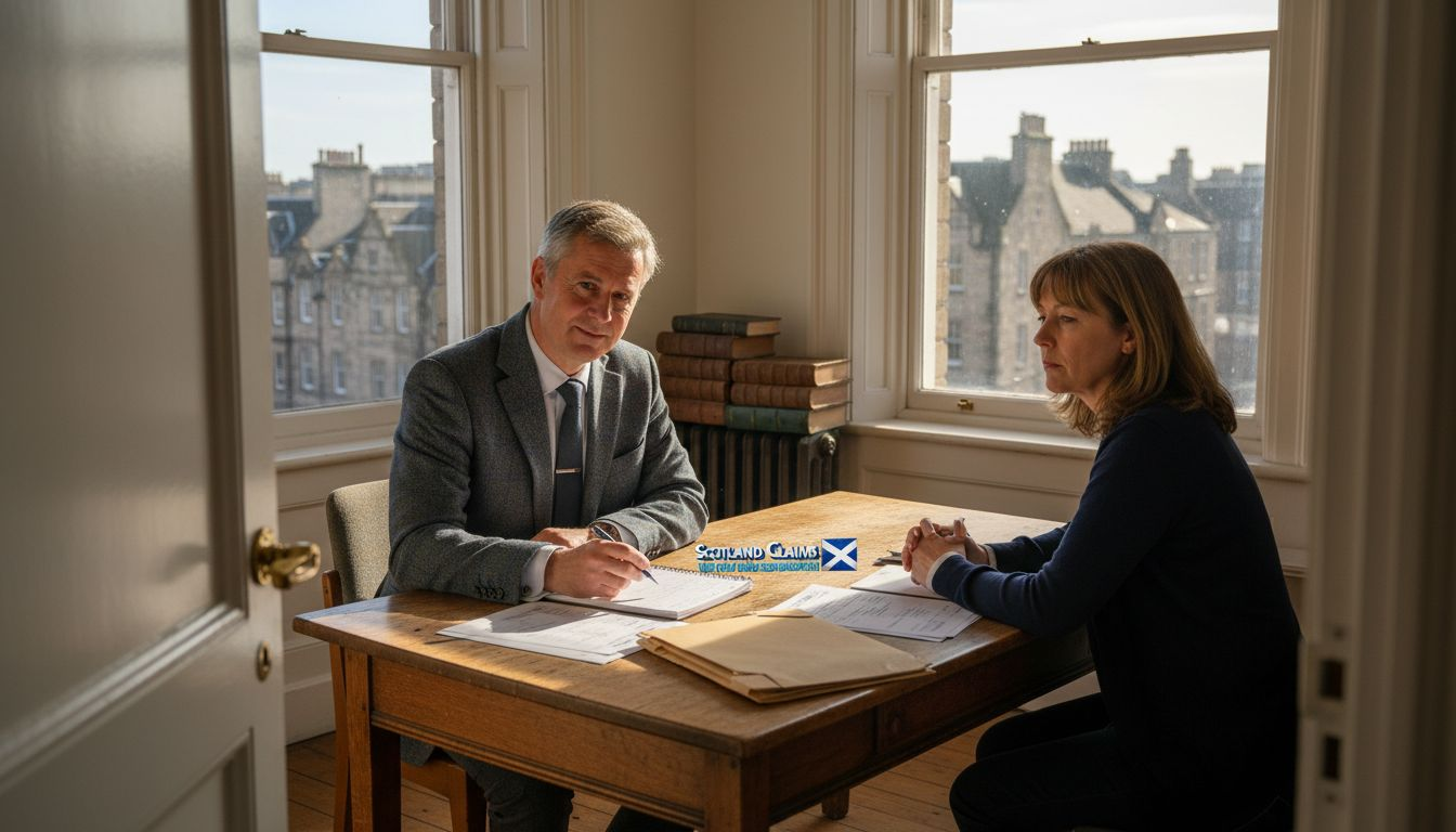 Scottish lawyer advising client in corner office