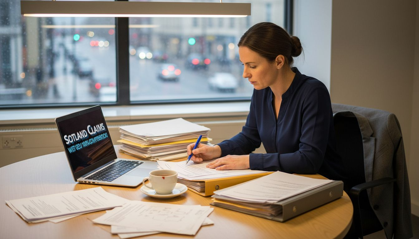 Lawyer reviews injury claim evidence at desk