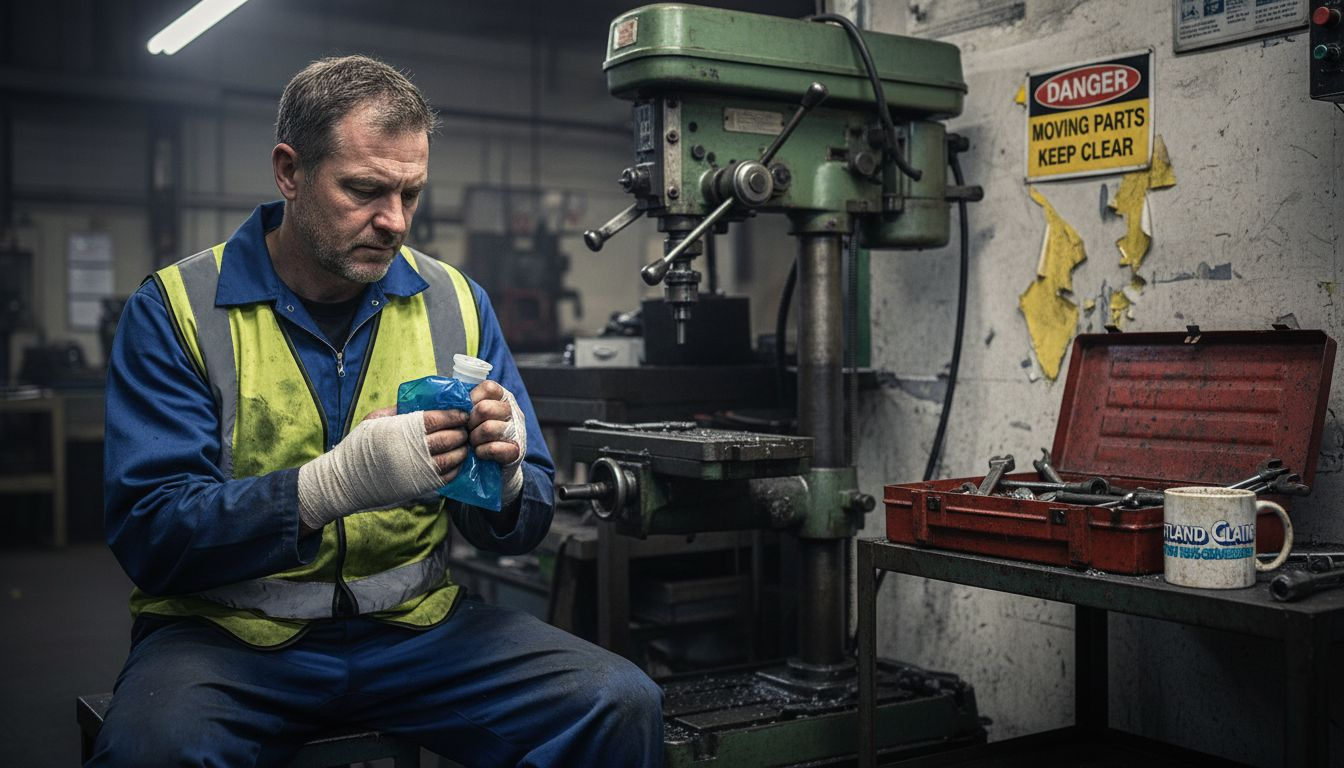 Injured worker seated near factory machinery