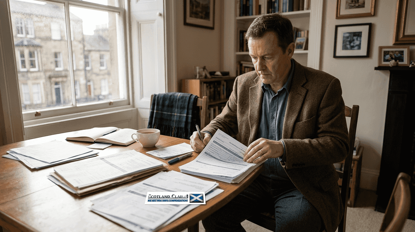 Man sorting injury claim paperwork at dining table