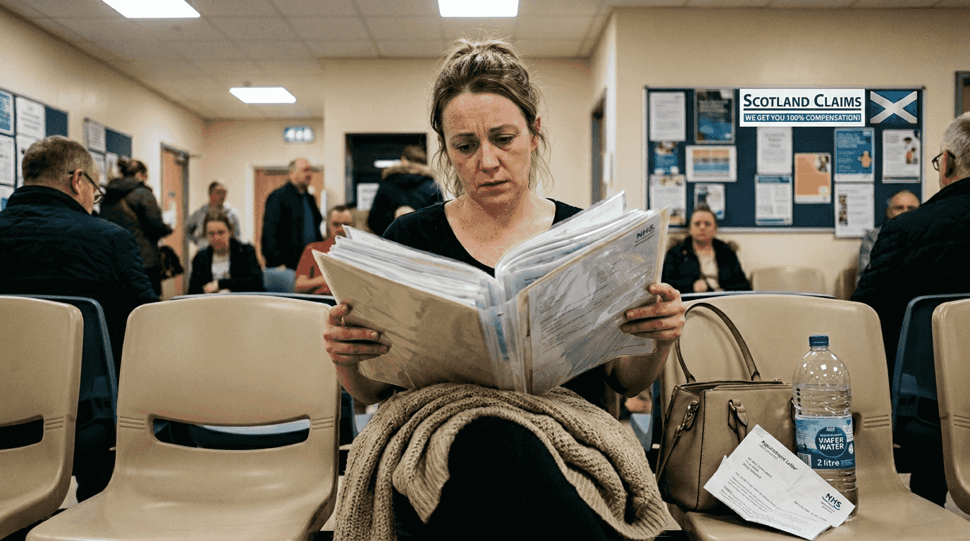Woman reviewing medical records in hospital waiting area
