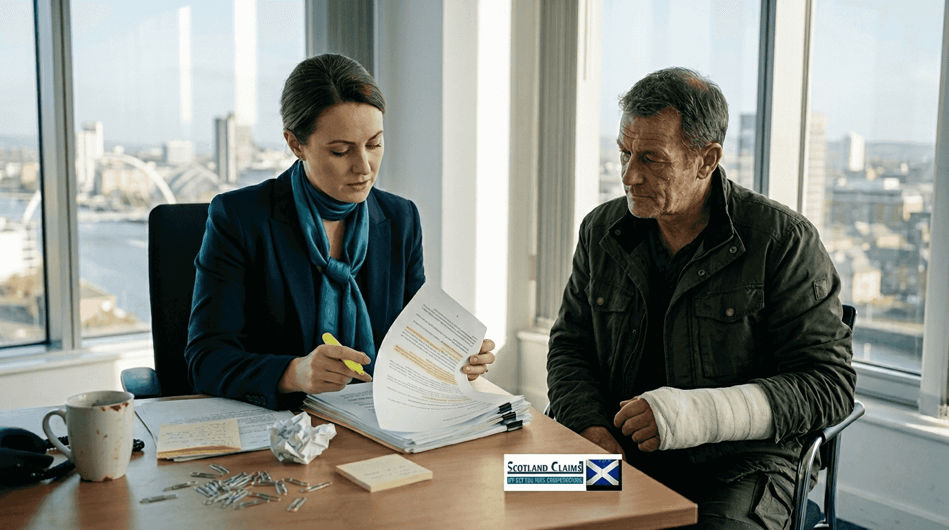 Solicitor reviewing injury documents with worker