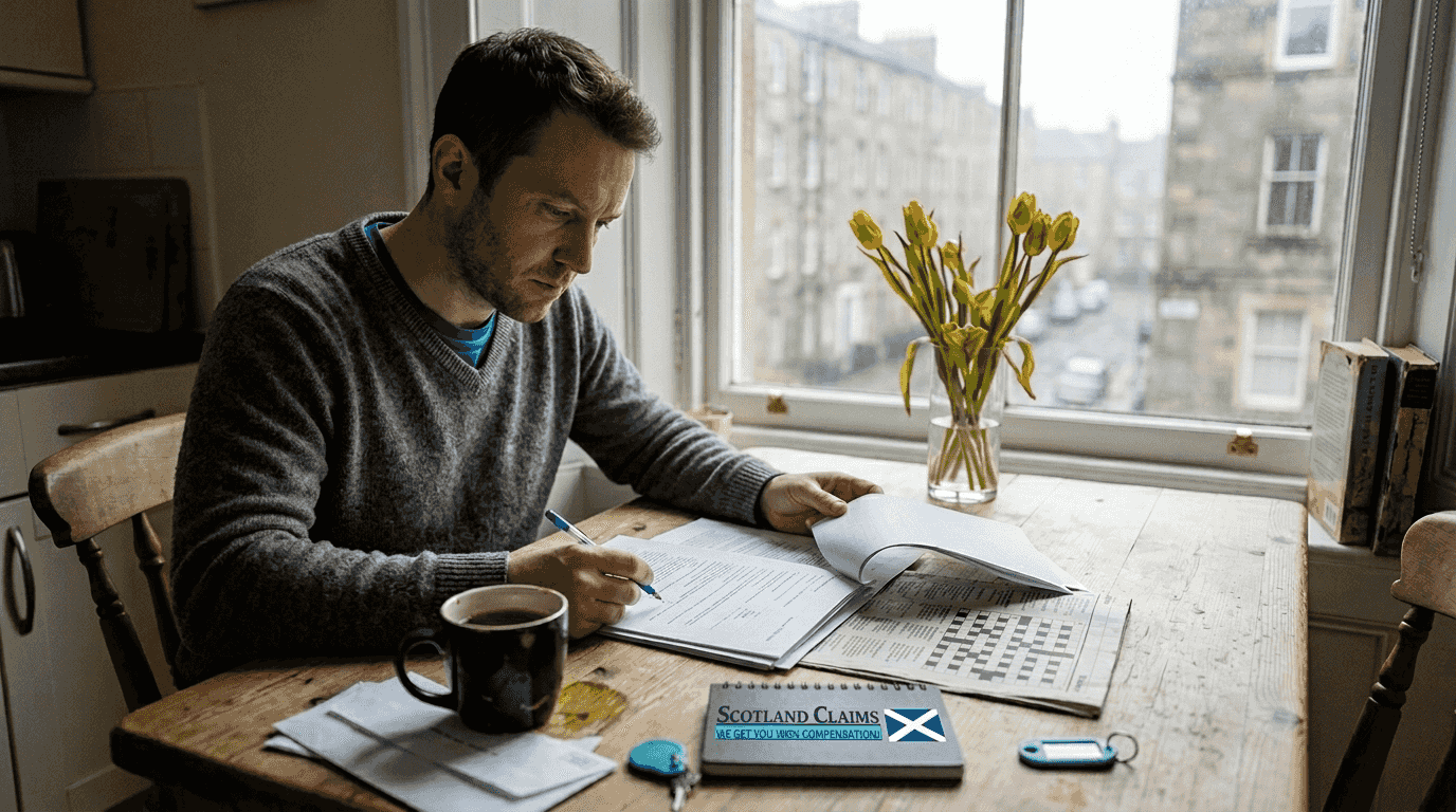 Man reviewing injury claim paperwork in Edinburgh kitchen