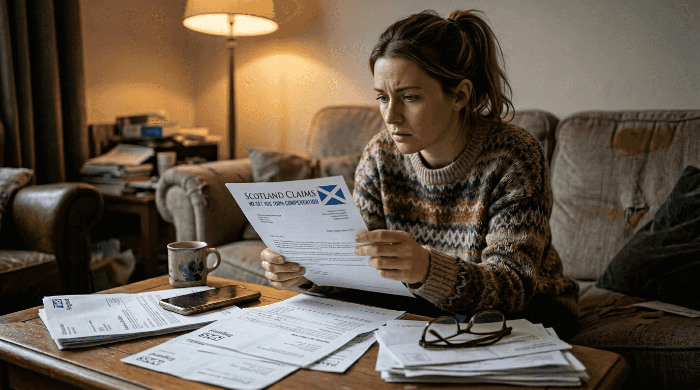 Woman checking injury claim deadline in living room