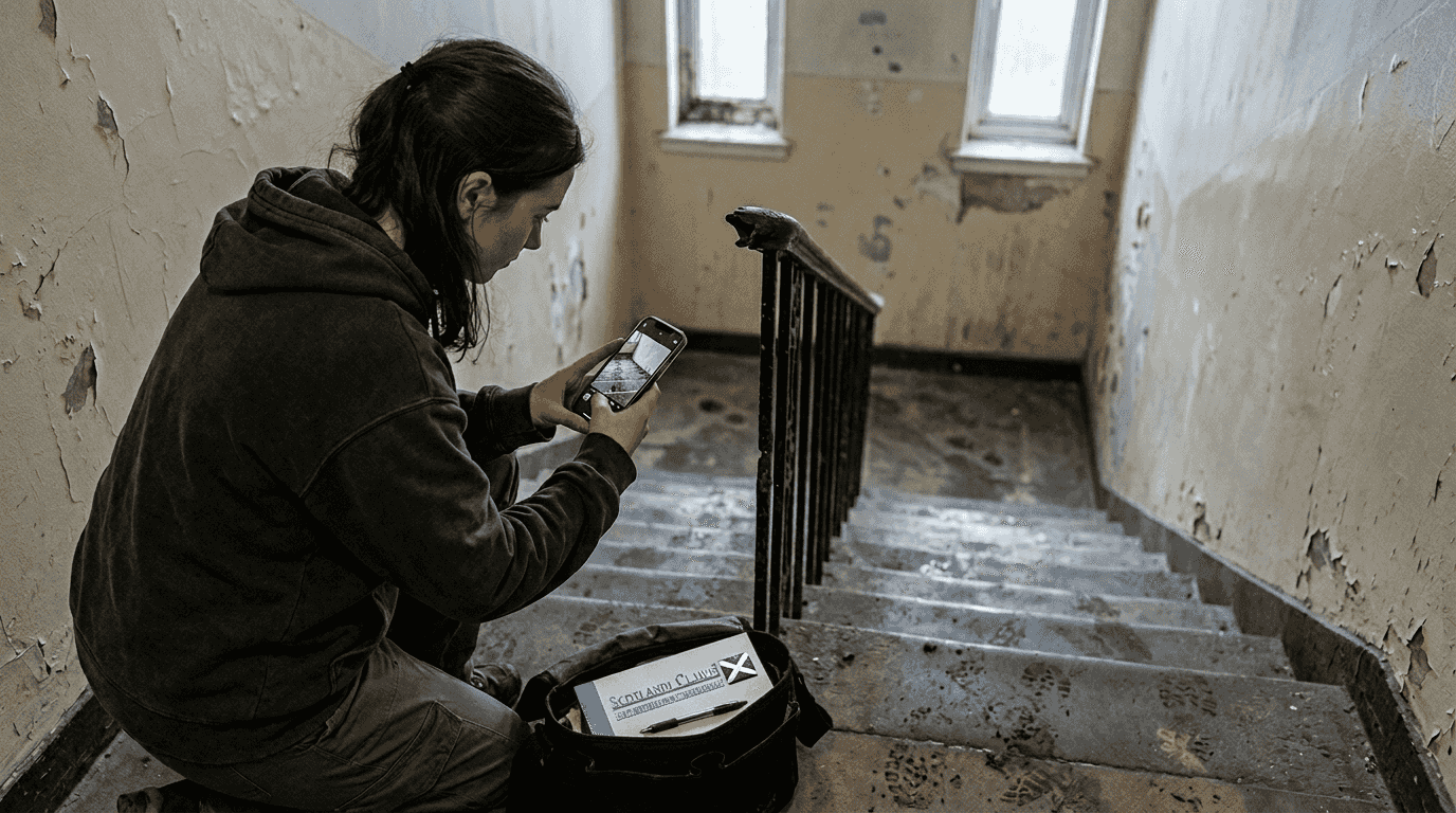 Woman photographing evidence in stairwell