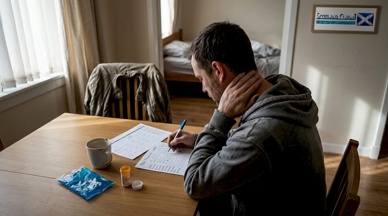 Man with whiplash at kitchen table in Scotland