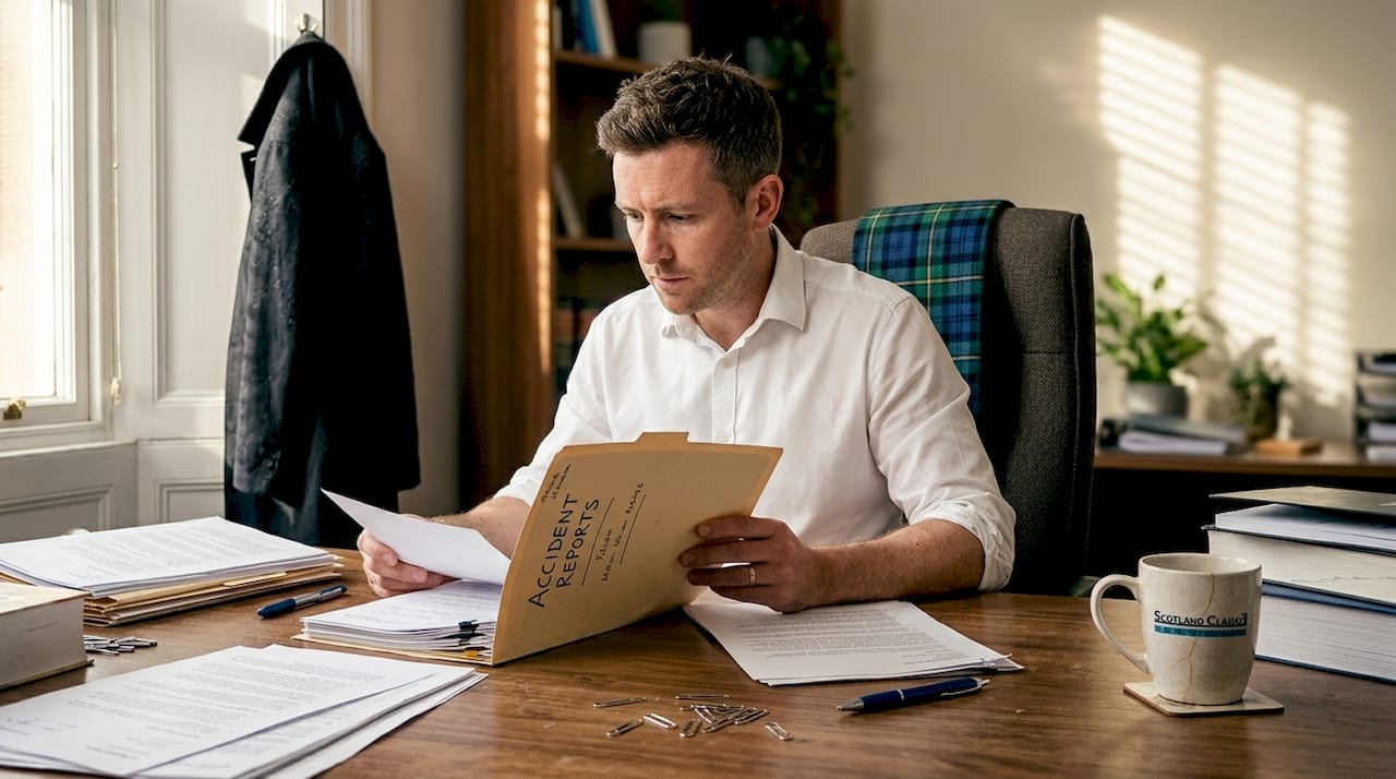 Scottish solicitor reviews accident case in office