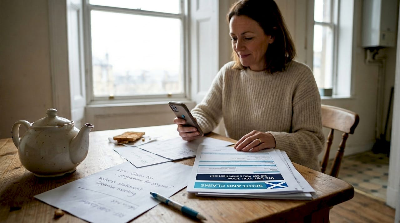 Woman reviews negligence paperwork at kitchen table
