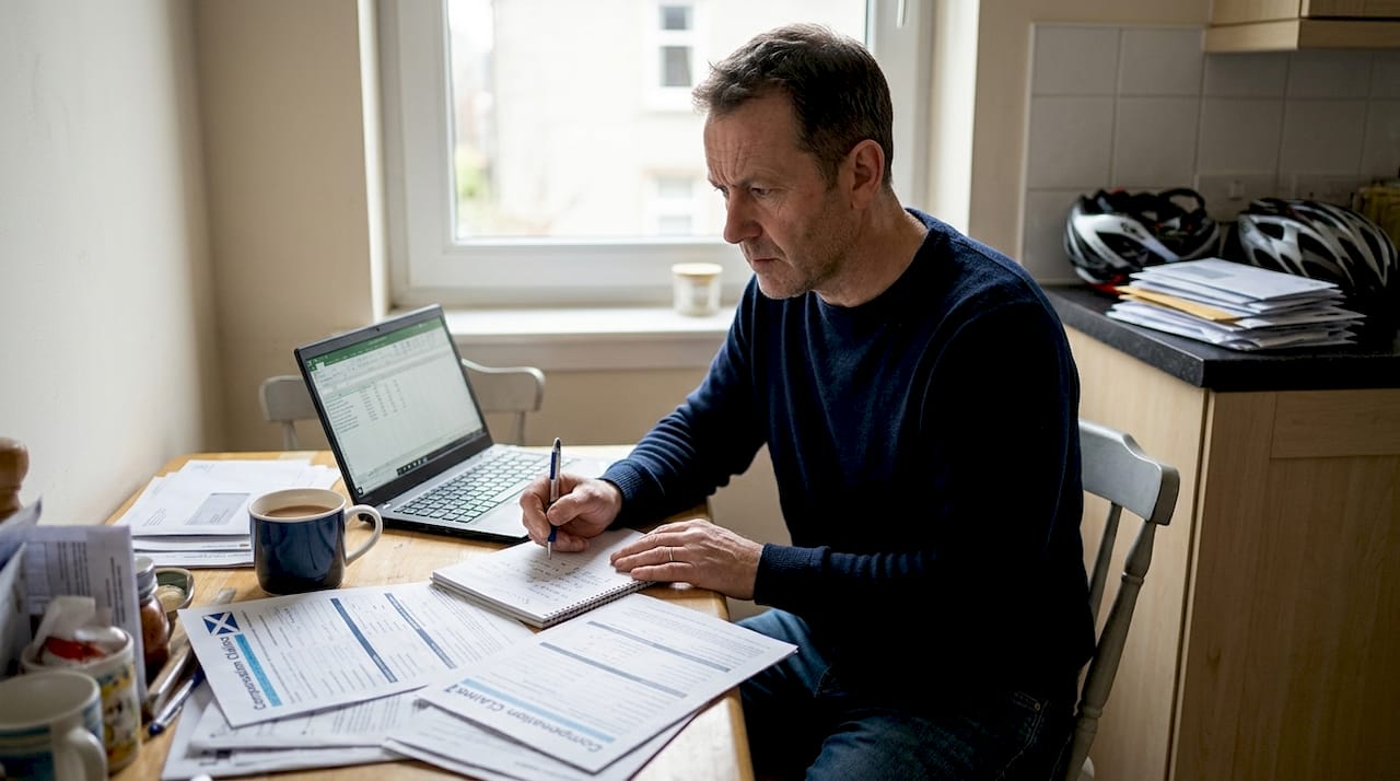 Man reviews injury compensation forms at kitchen table