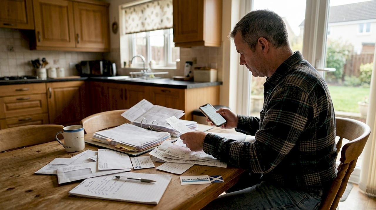 Man organizing accident claim receipts at kitchen table