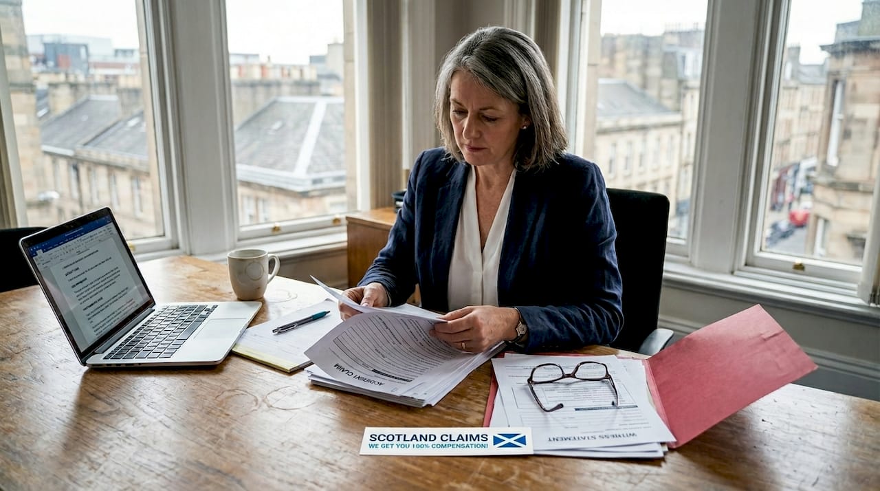 Solicitor reviewing accident claim paperwork at desk