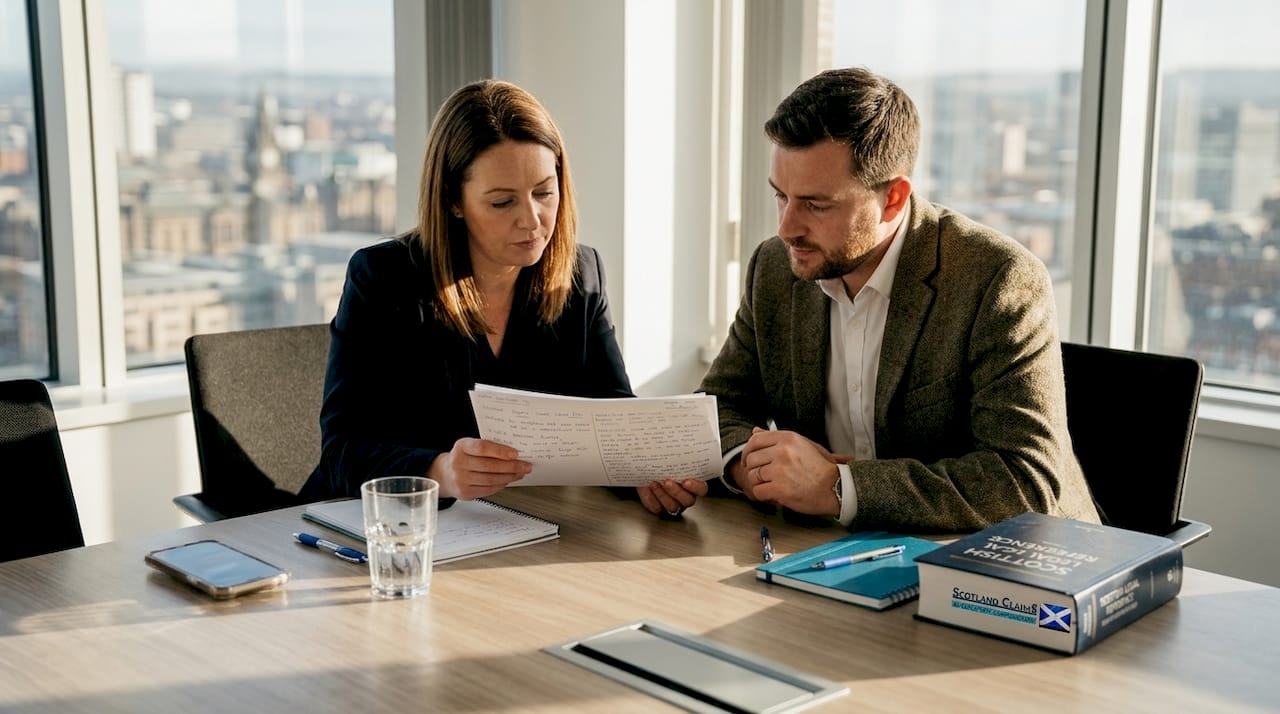 Solicitor reviewing injury valuation documents with client
