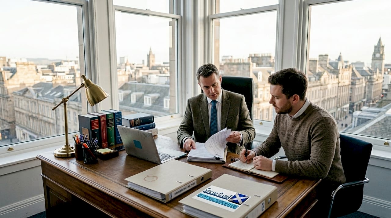 Solicitor and client discussing case paperwork