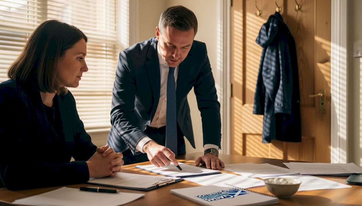 Lawyer reviewing fee paperwork with client