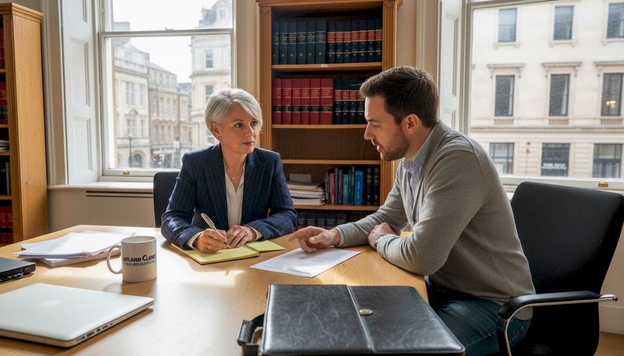 Solicitor and client discuss accident report in office