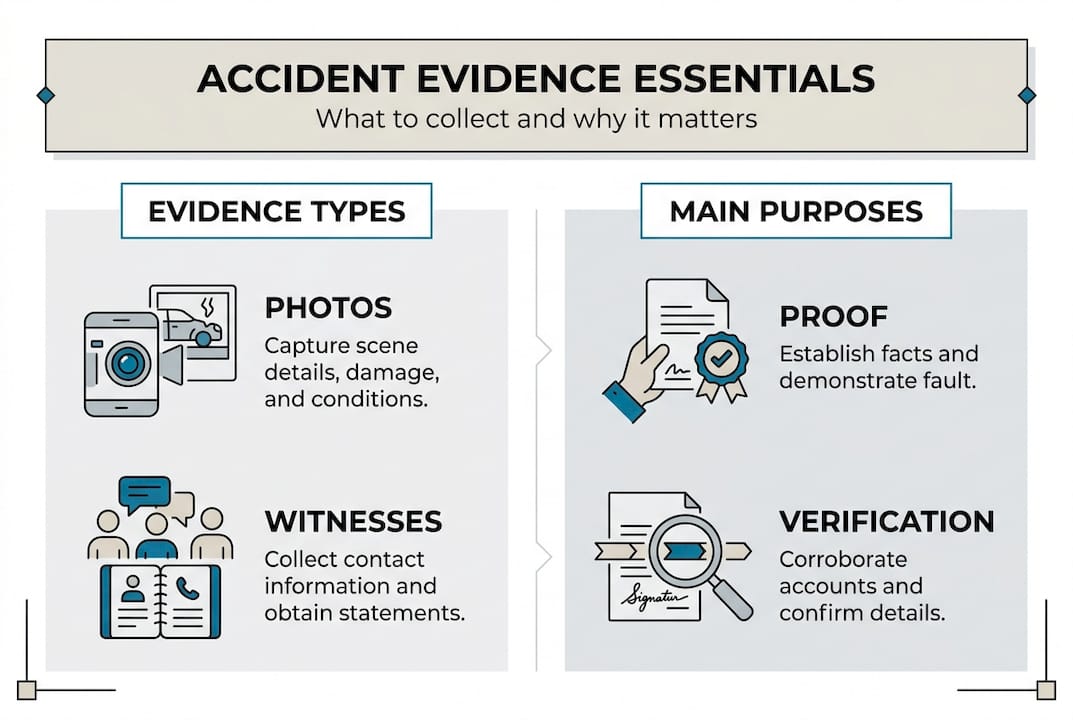 Infographic listing accident evidence types and uses