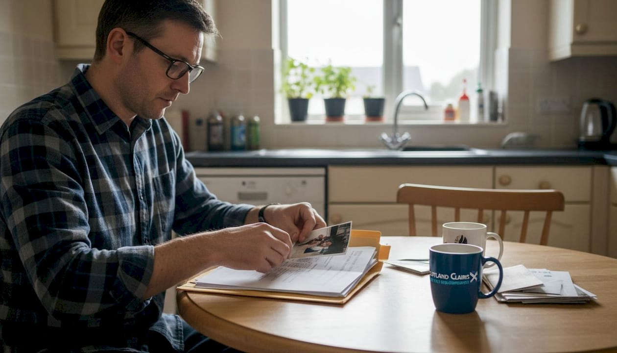 Man organizing accident evidence at home table