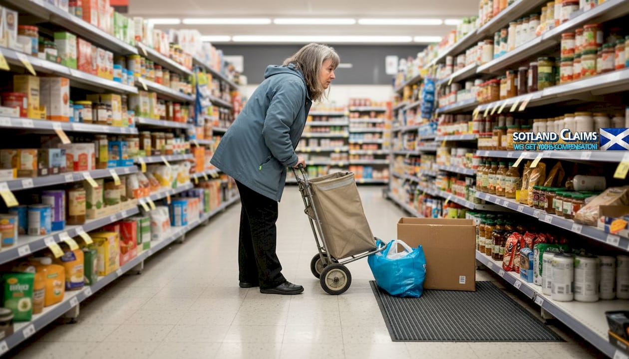 Shopper navigates cluttered supermarket aisle