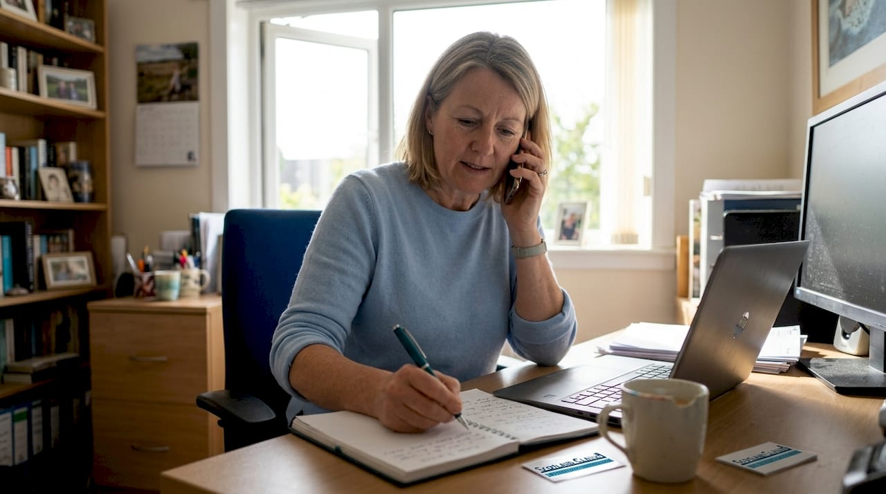Woman consulting on accident claim at home desk