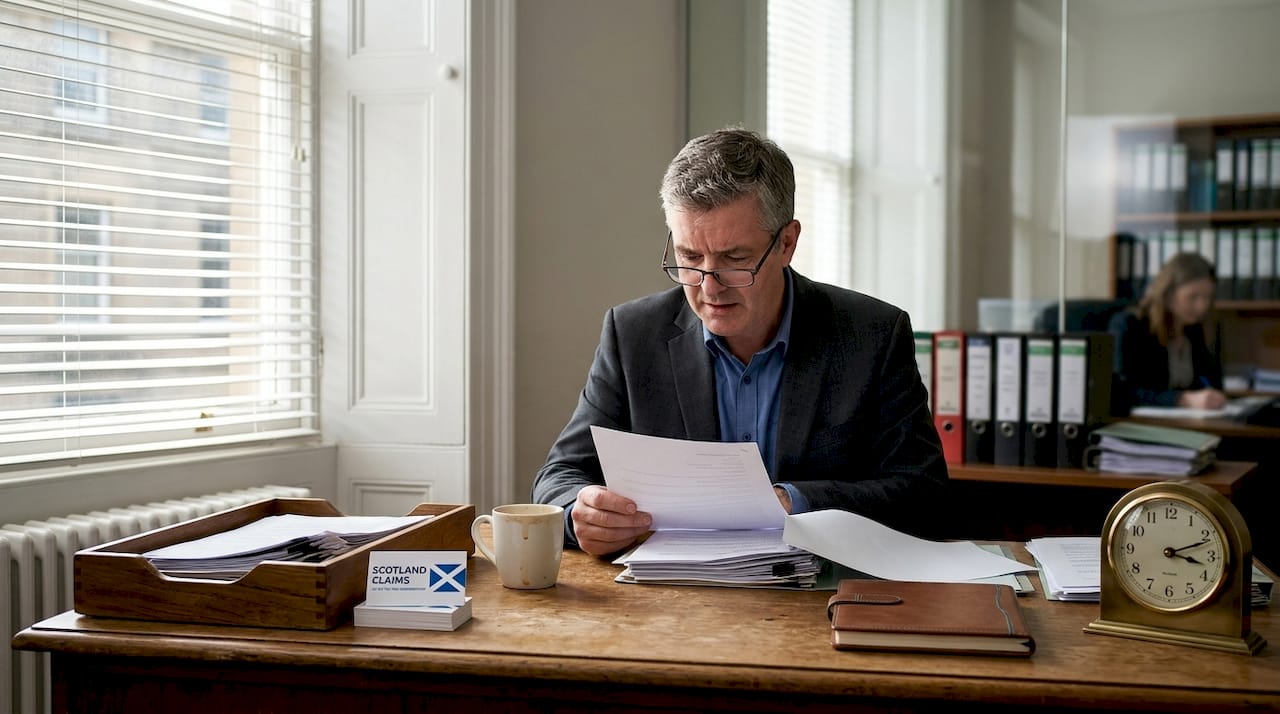 Solicitor reviewing injury claim papers in office
