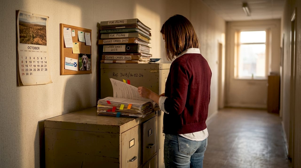 Paralegal handling case files near records cabinet