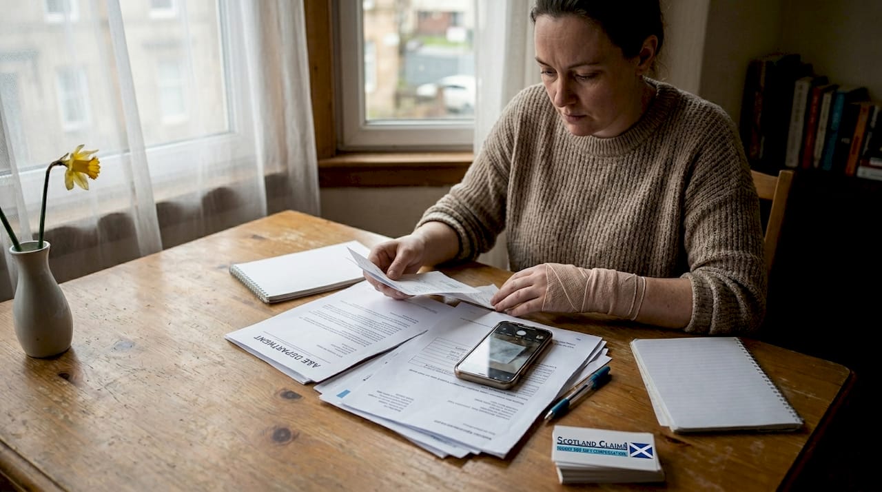 Woman collecting injury claim evidence at home