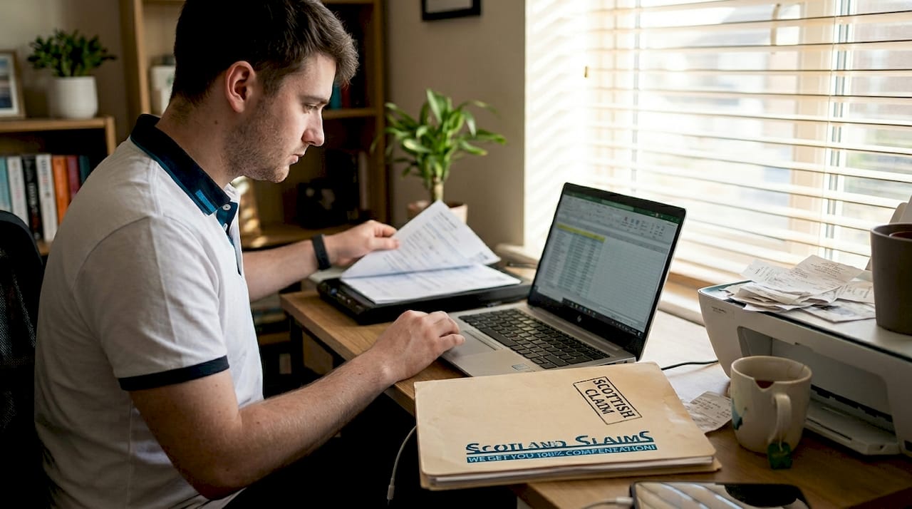 Man organizing injury evidence in home office