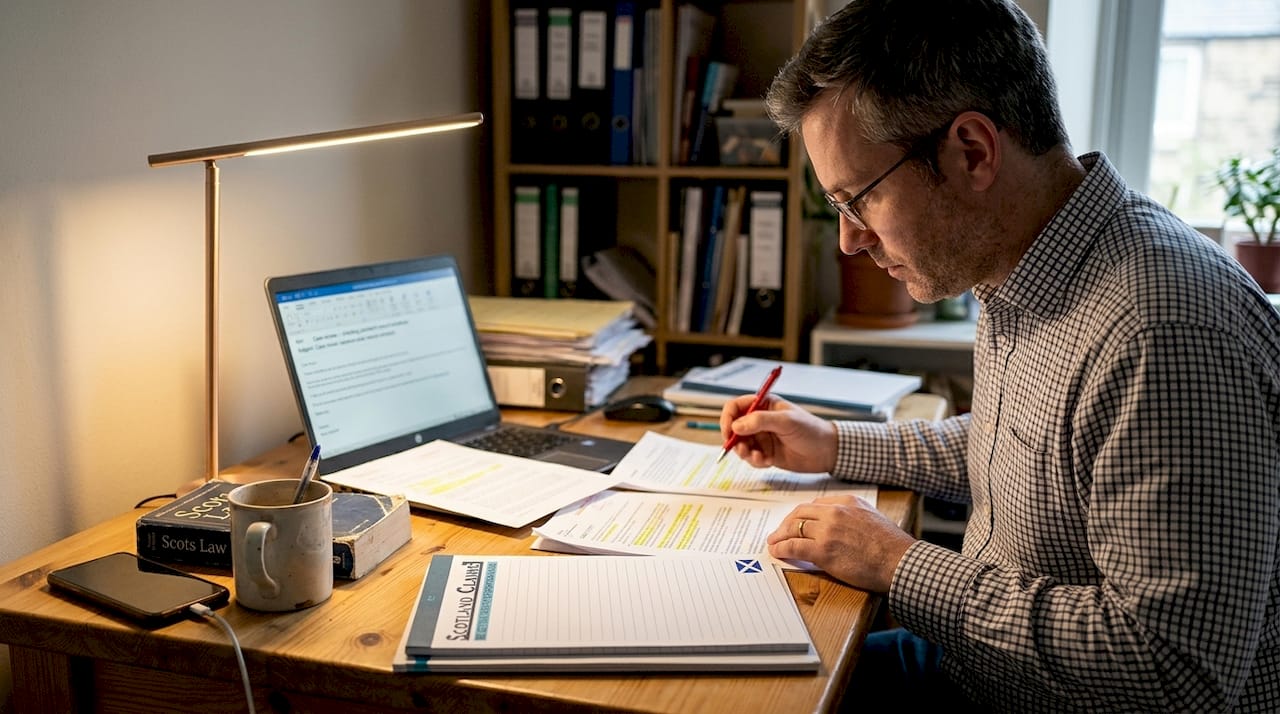 Man reviewing legal documents at home desk