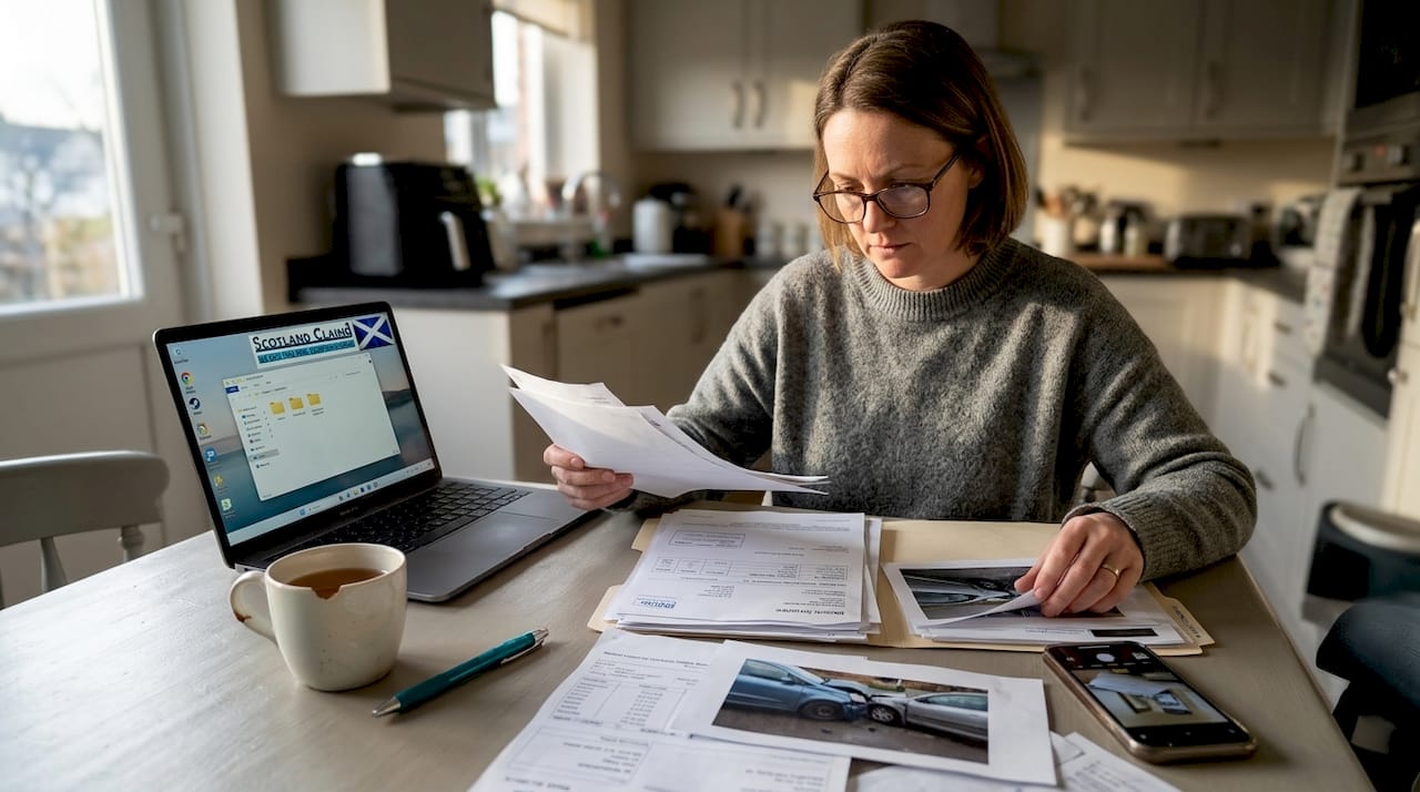 Woman organizing injury claim evidence at home