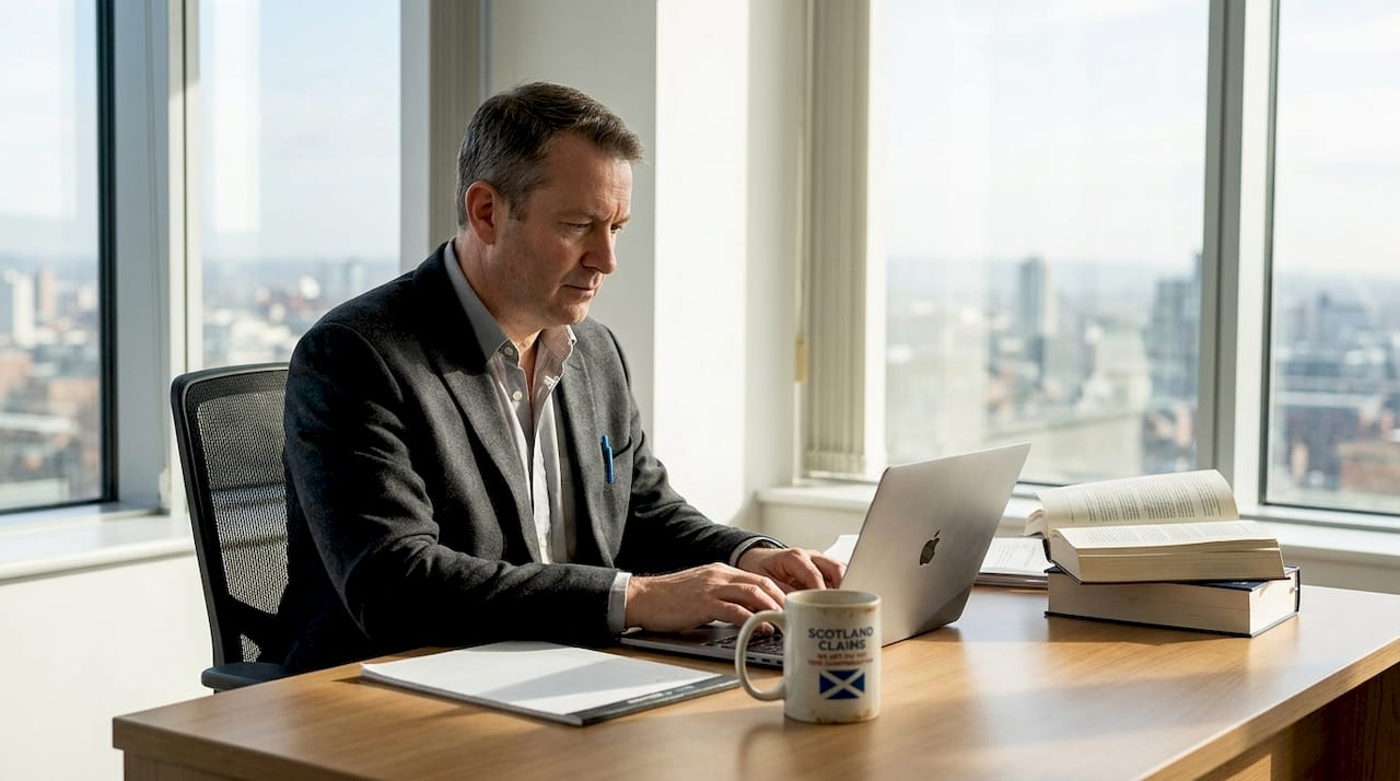 Solicitor reviewing client file in sunlit office
