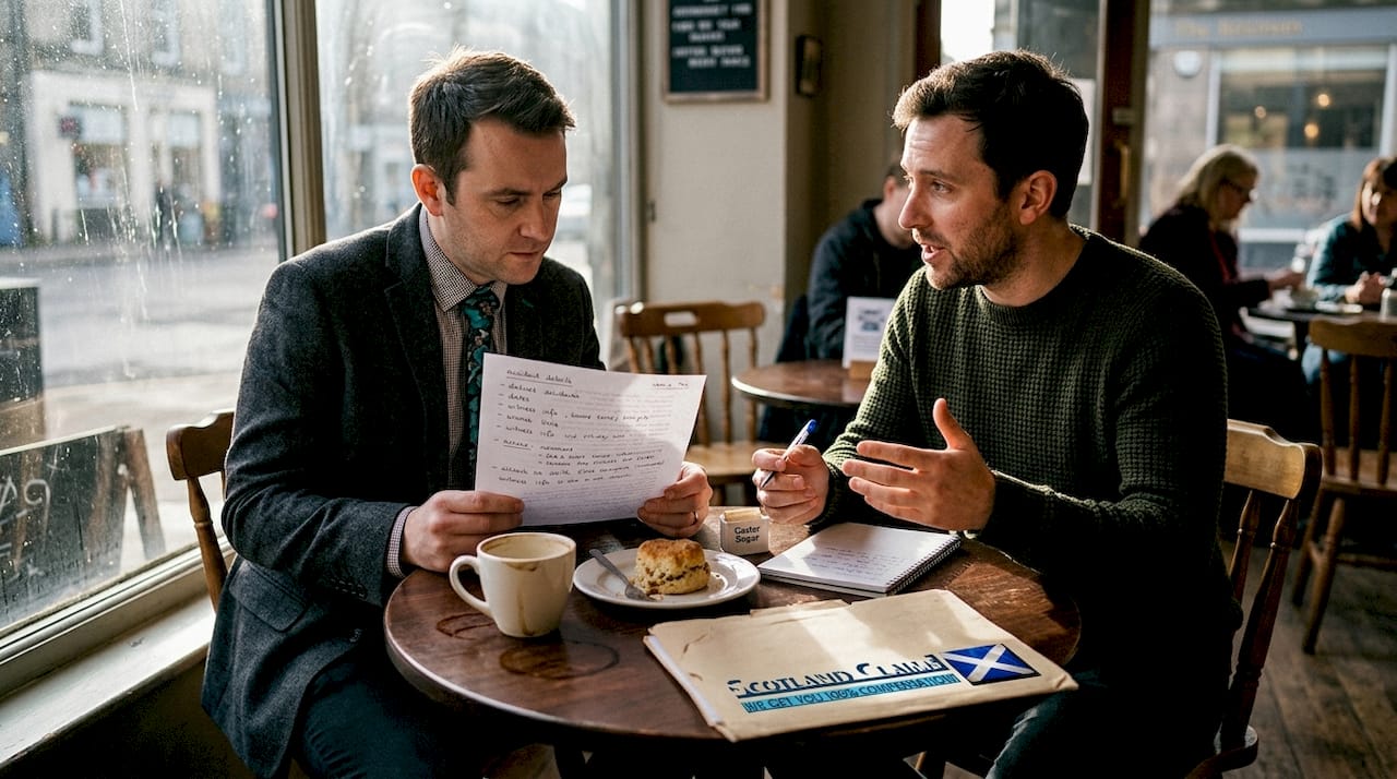 People discussing accident claim papers in café