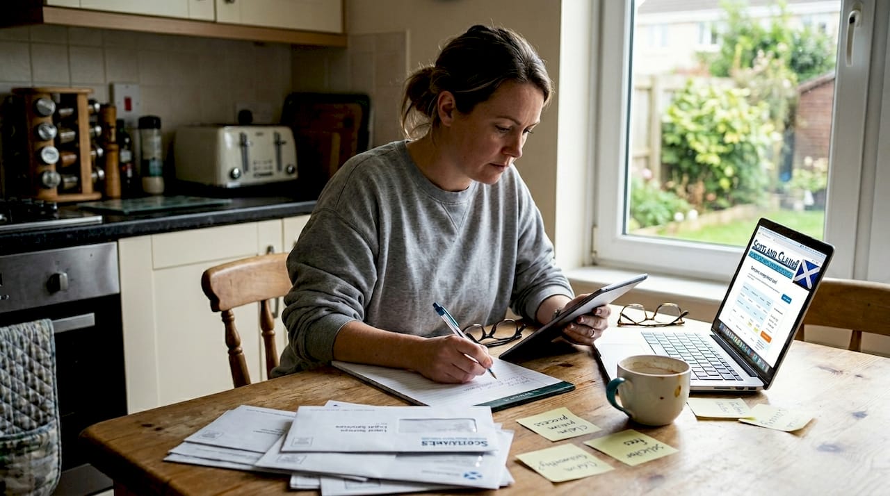 Woman researching injury solicitors at kitchen table