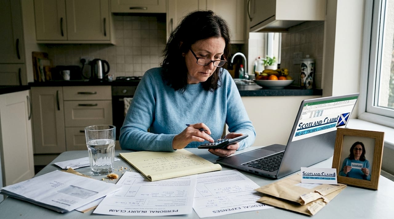 Person calculating injury compensation at kitchen table
