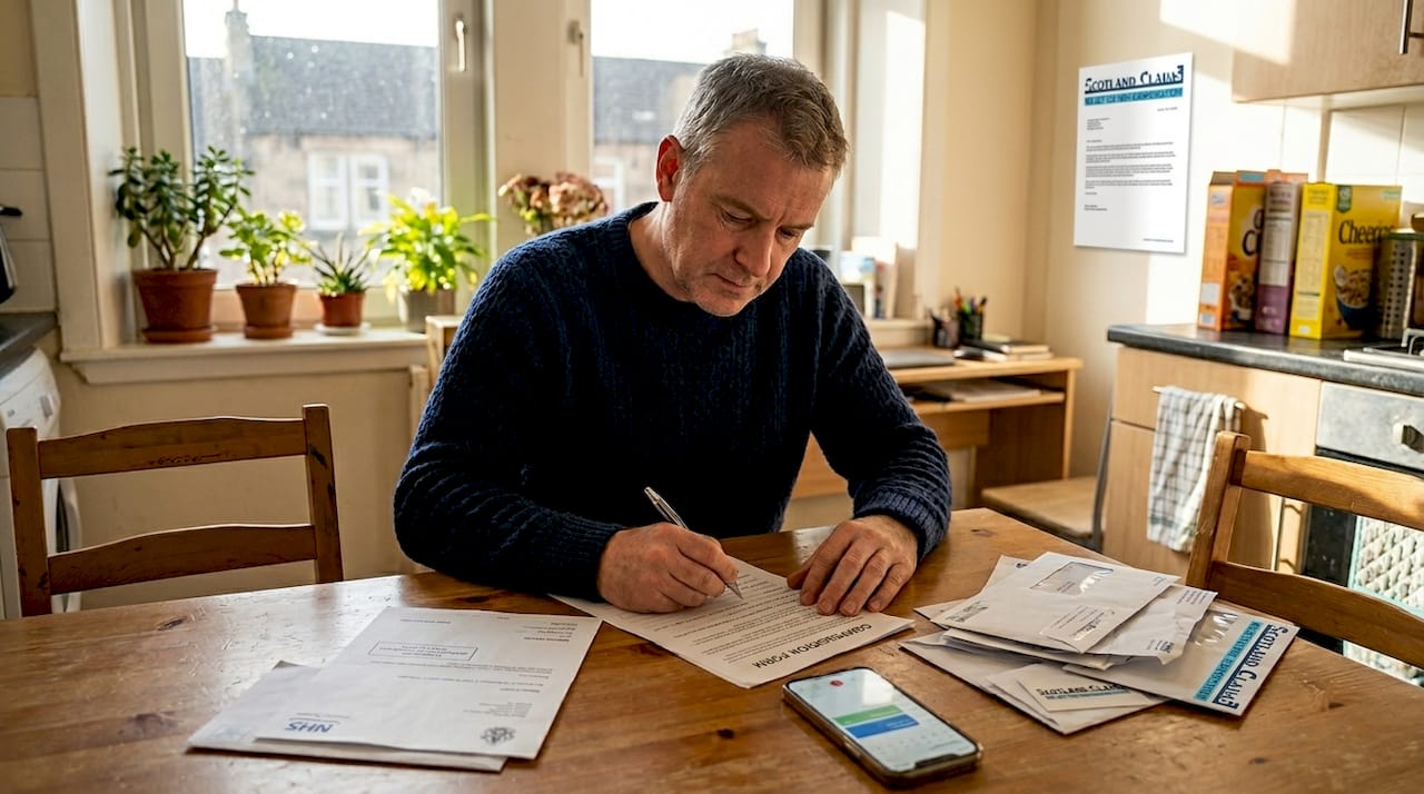 Man filling out broken bone compensation paperwork