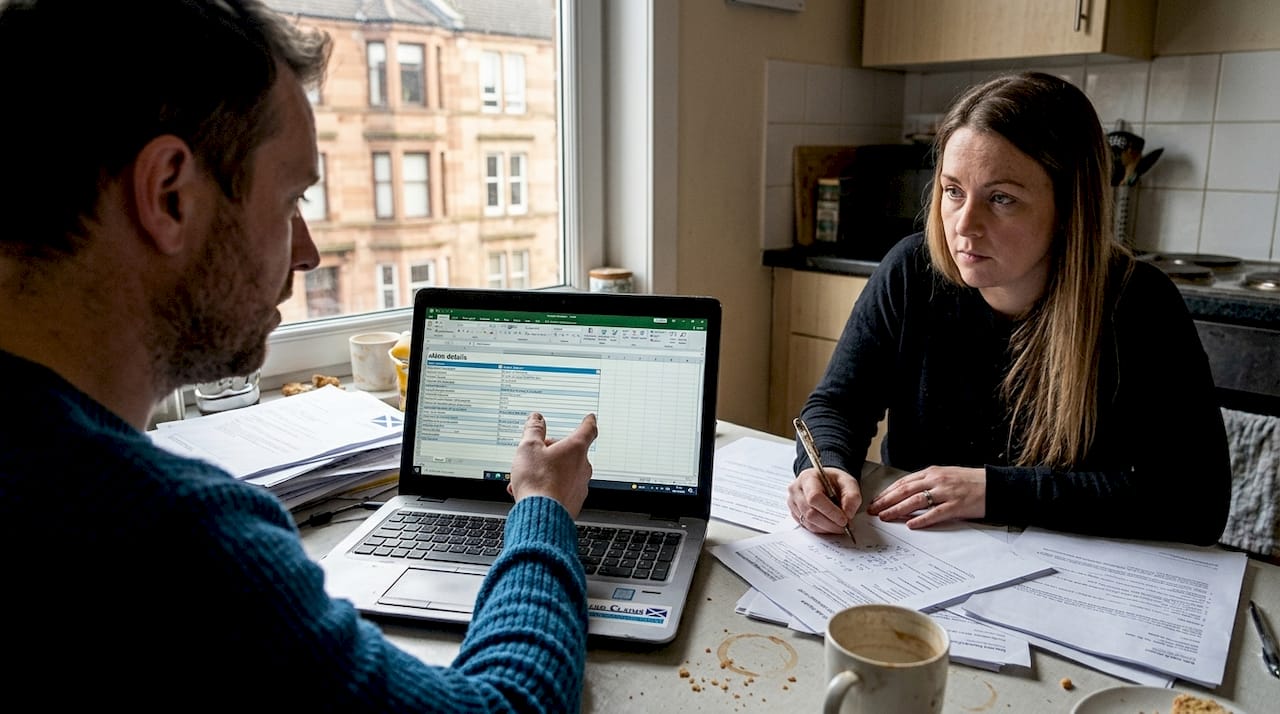 Claim discussion at cluttered kitchen table
