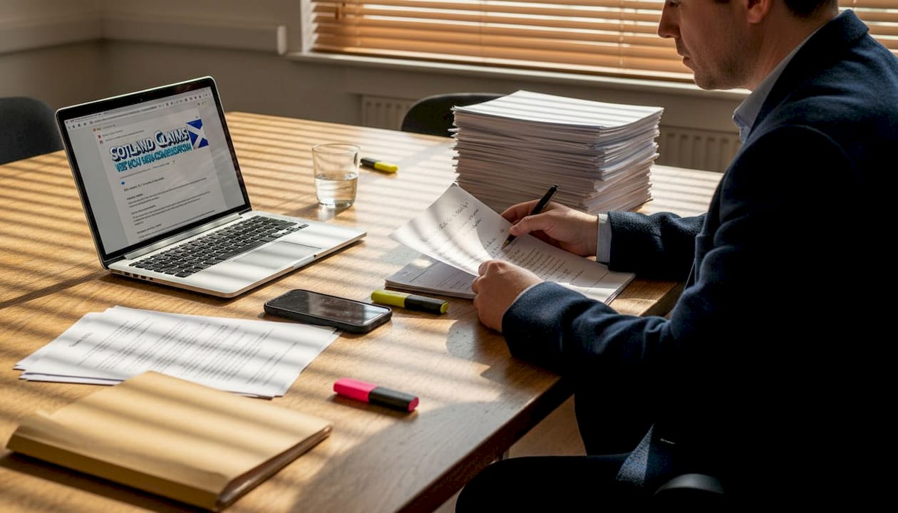 Solicitor reviewing paperwork during negotiations