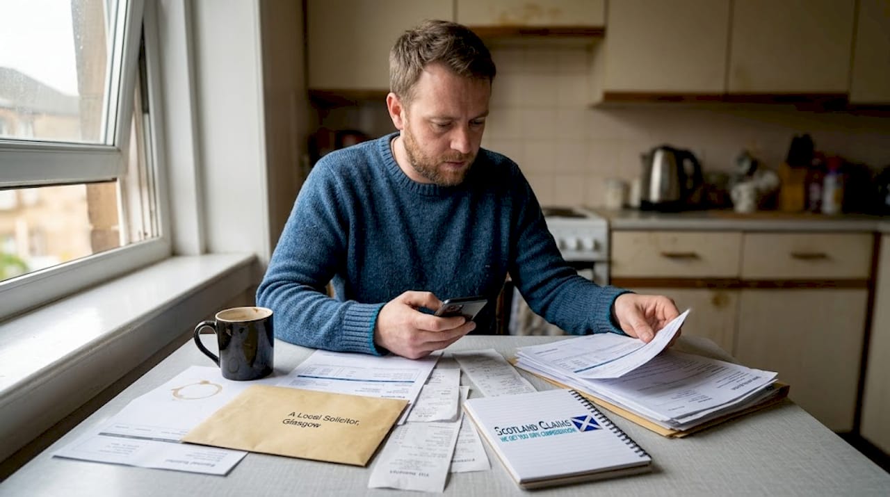 Man sorts wage claim documents at kitchen table
