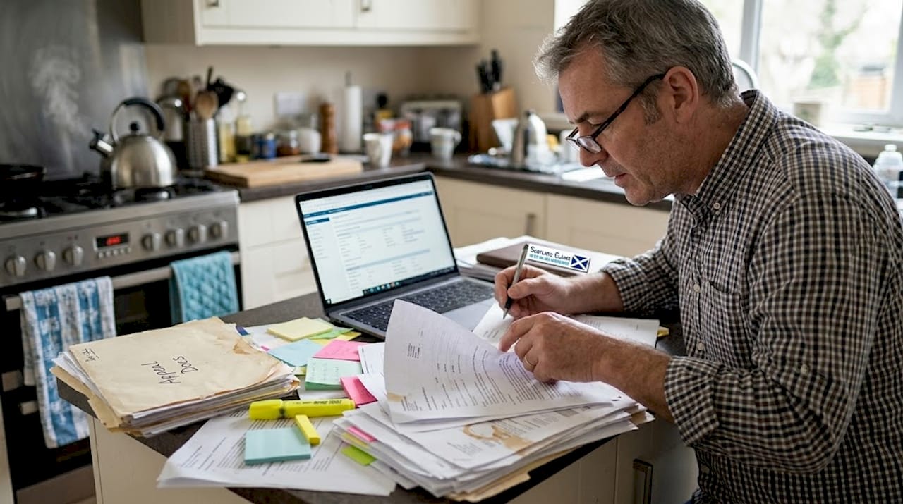 Man preparing paperwork for legal appeal at kitchen
