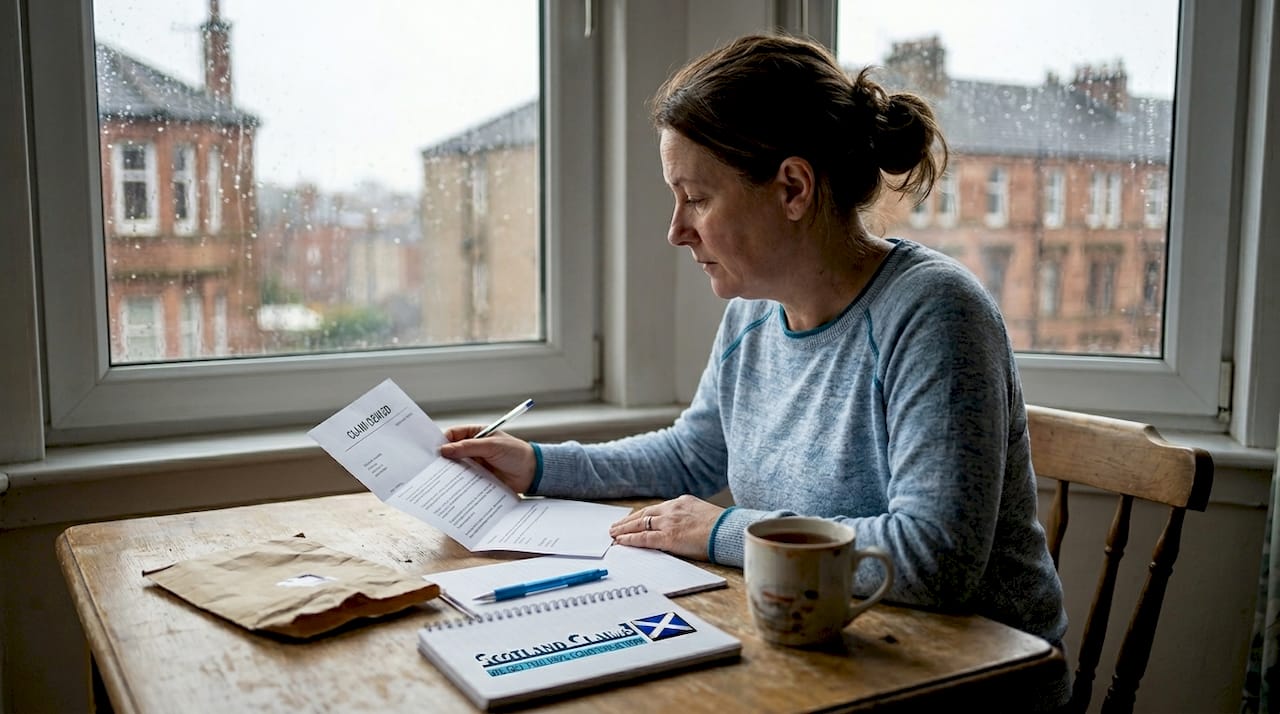 Woman reading denied insurance claim letter at home