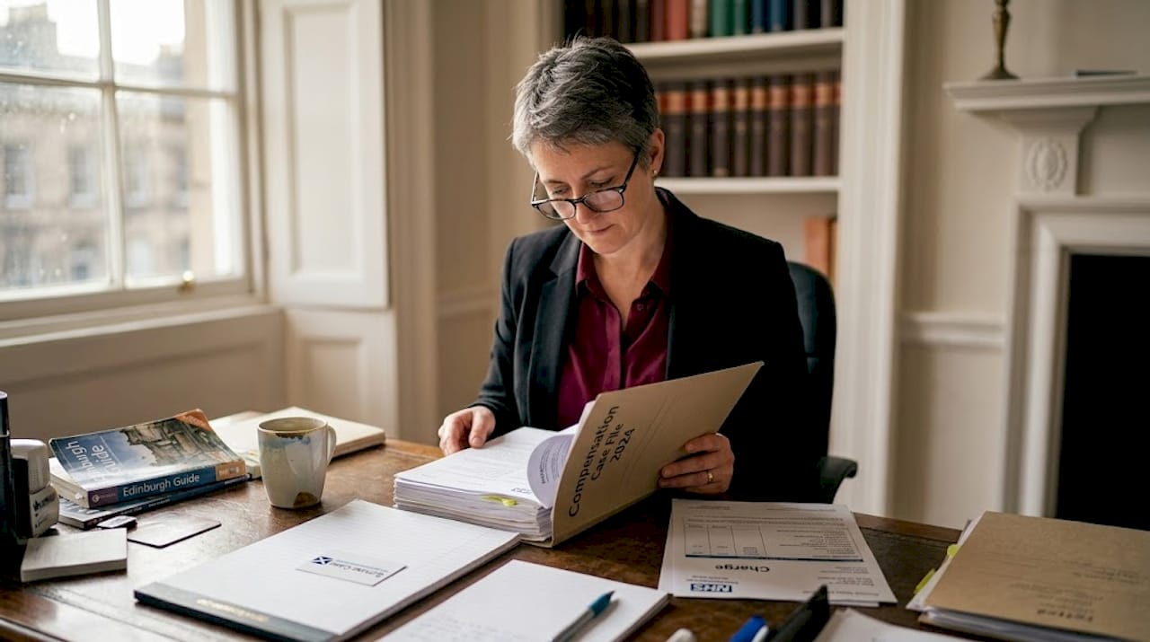 Solicitor reviewing compensation claim documents