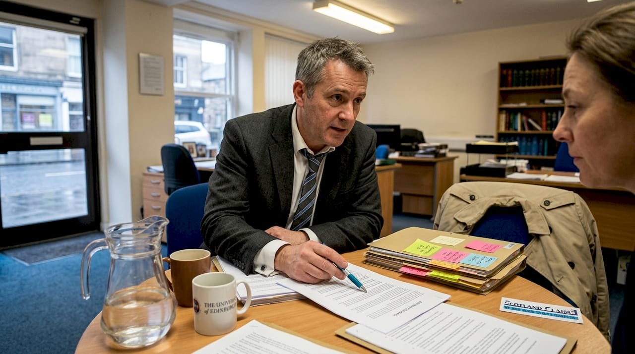 Solicitor and client discuss documents in office meeting