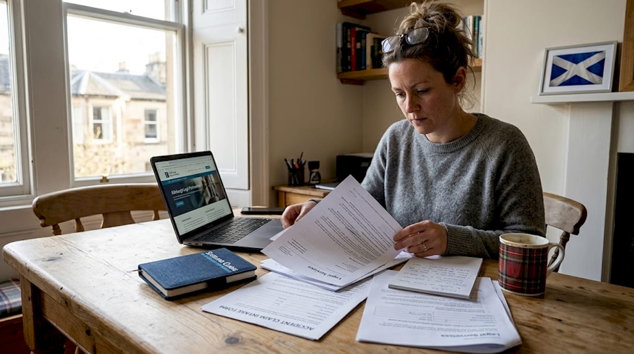 Woman reviewing injury claim paperwork at desk
