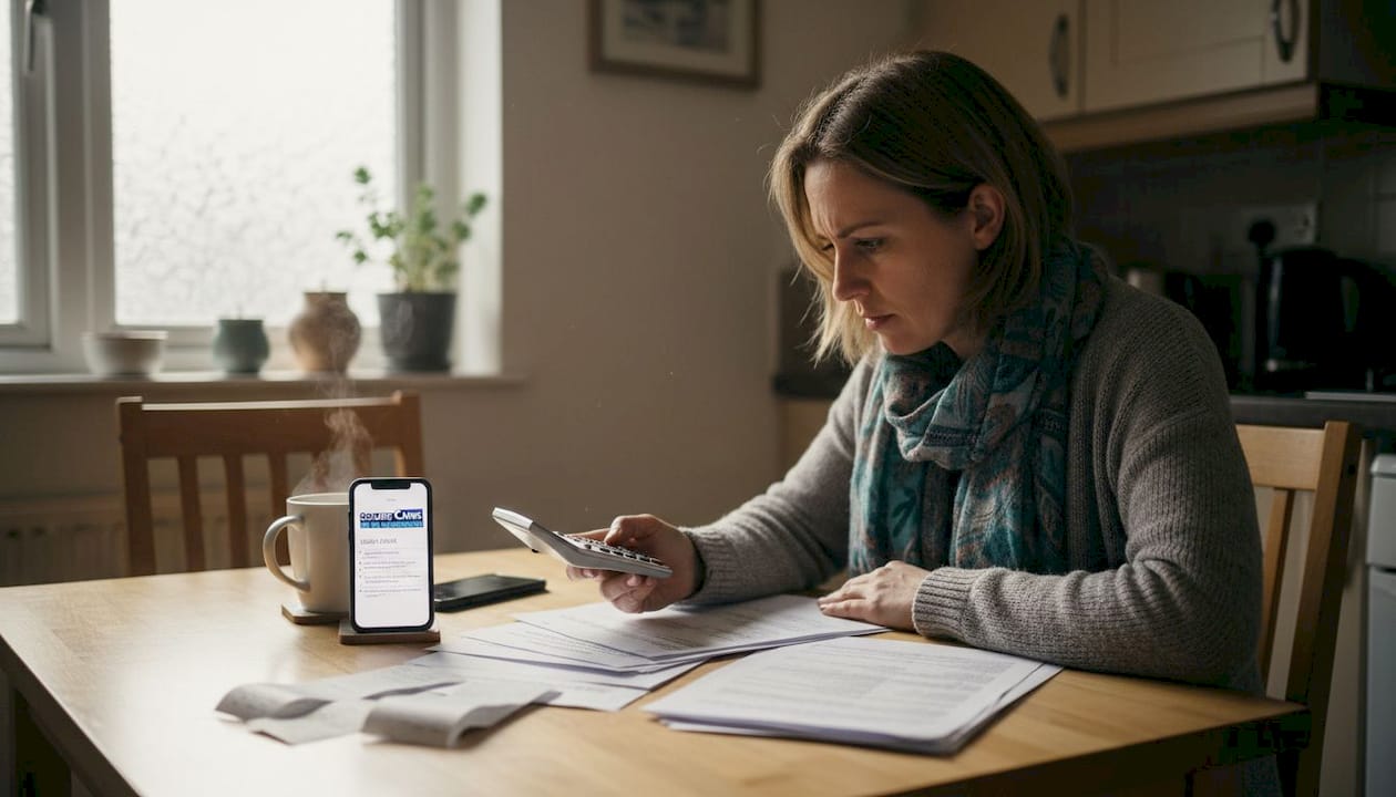 Woman calculating compensation at kitchen table